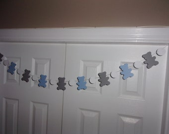 Teddy Bear Garland - Light Blue, Medium Grey & White Cardstock Paper - Boy Baby Shower Decoration Hanging Wall, Mantel Decor Birthday Party
