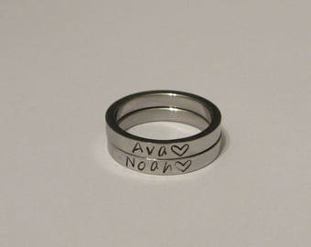 Stamped Rings, Children Name Rings, Family Rings, Set of 2 Rings, Kids Name Rings, Childrens Names, Handstamped Rings, Mother Gift, Stamped