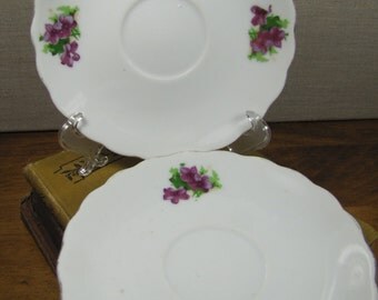 Two (2) Unmarked Porcelain Saucers - Purple Flowers - Scalloped Rim - Gold Accent