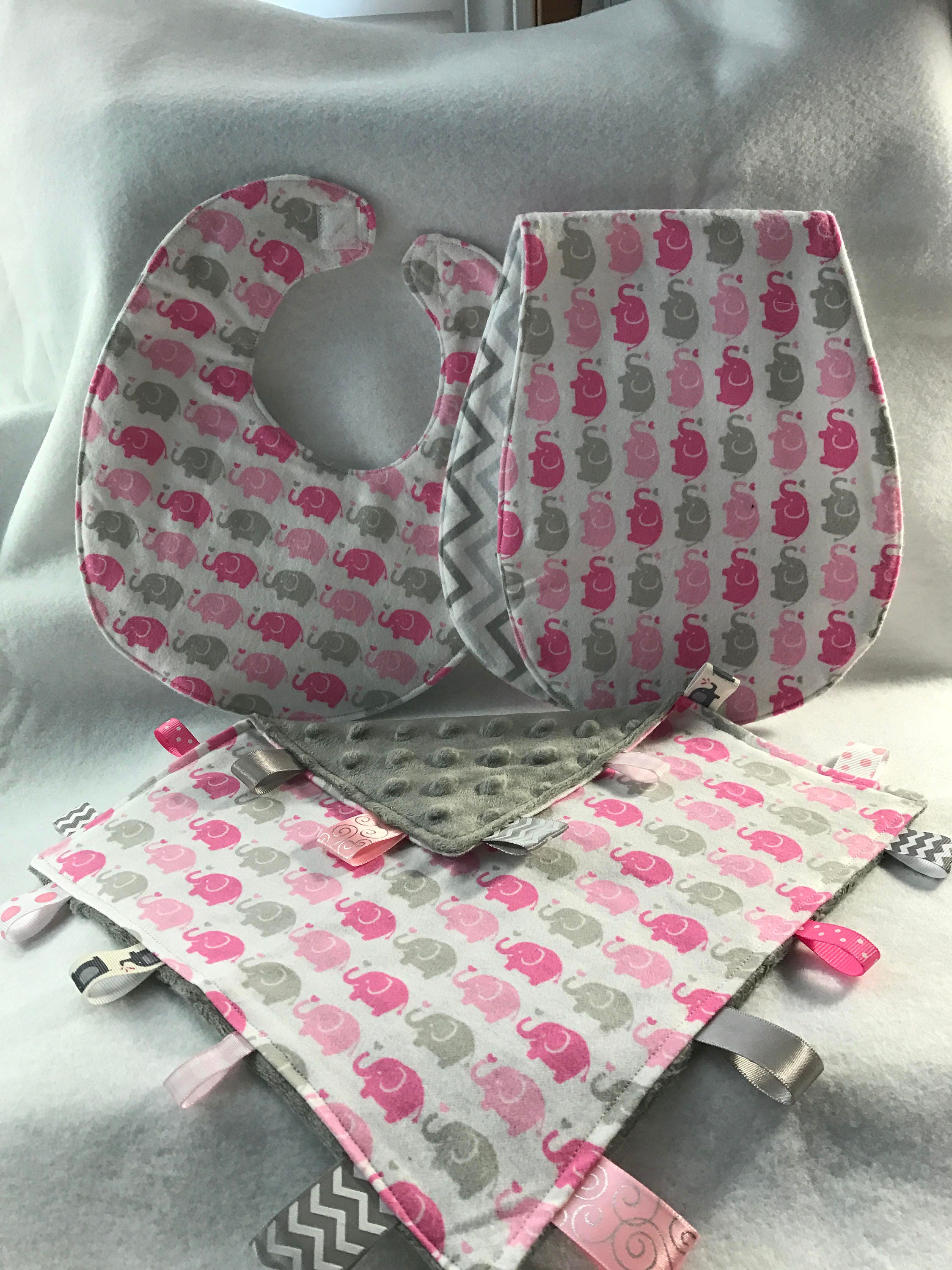 Pink Elephant Parade Baby Gift Set Bib Burp Cloth Lovie