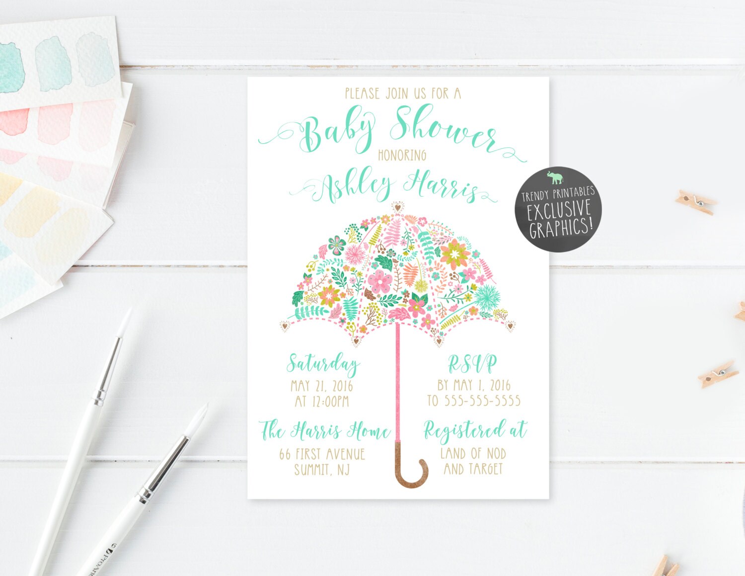 Umbrella Baby Shower Invitation Floral Baby Shower