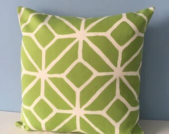 Green indoor outdoor throw pillow. Trina Turk Trellis by Schumacher. 18x18 lime green zipper pillow cover for patio, pool deck. Summer decor