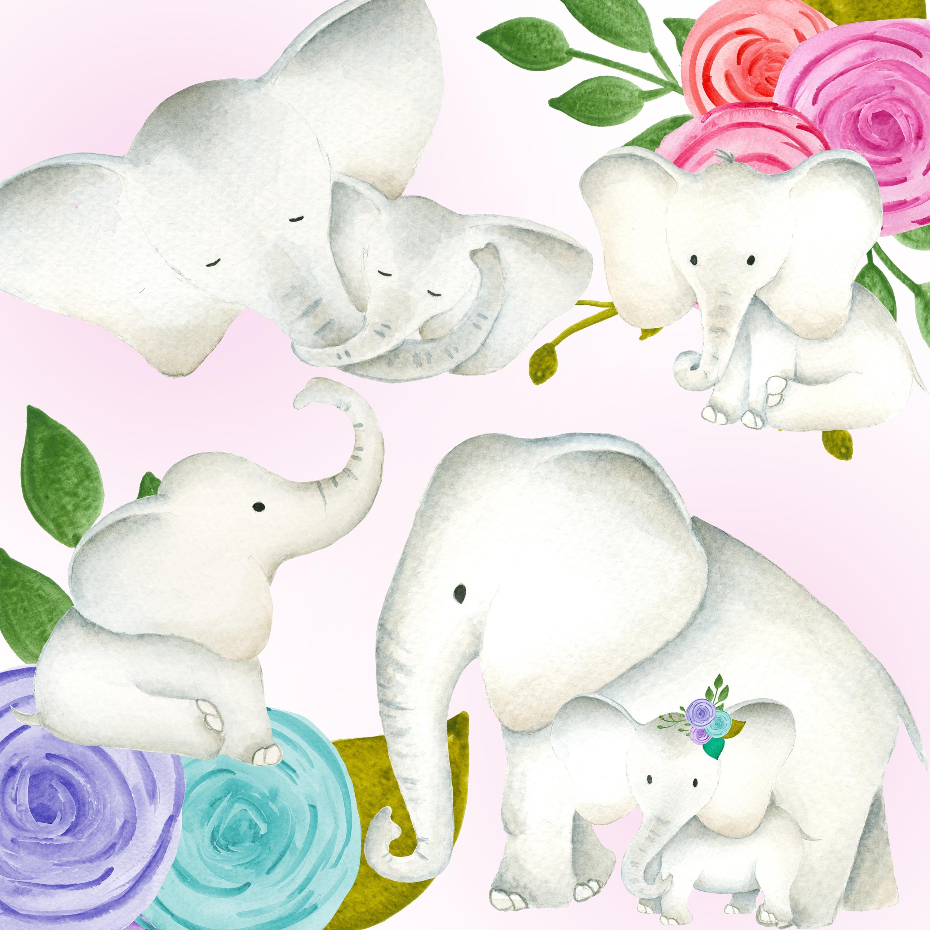 Cute elephant clipart Baby & mama elephants clipart set