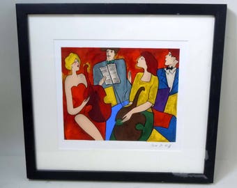 Linda Le Kinff Signed Seriolithograph Litho Lithograph Cello Players 8 by 10 Framed