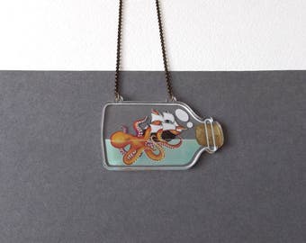 Octopus & Ship in a Bottle Terrarium Necklace 2D Faux Glass Bottle - Laser Cut Clear Acrylic - Tentacles Pirate Ocean Kraken Jewellery