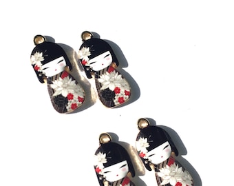 Black Kokeshi Doll Enamel Charms, Geisha Charms, Enamel Kokeshi Dolls, Geisha Doll Charms 4 pieces