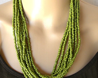 Green necklace, multistrand necklace for women, green statement jewelry, long beaded necklace for her, chunky necklace for everyday