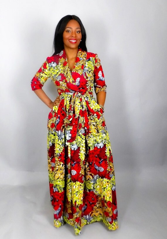 Red African print maxi dress handmade from authentic vlisco