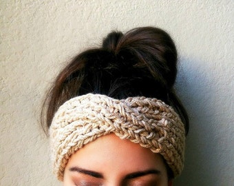 Turban Ear Warmer Headband, Boho Knit Headband, Turban Headband Ear Warmer, Knitted Ear Warmer, Beige Knit Ear Warmer, Turban Style Headband