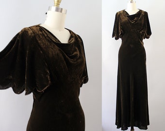 1930s Velvet Gown / Vintage 30s Chocolate Brown Silk Velvet Dress / XS