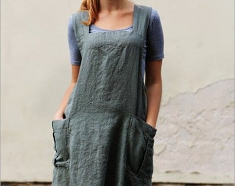 Linen Pinafore apron / Square Cross Linen Apron / Japanese Apron / Washed long apron / linen top / linen tunic / linen apron / summer tunic
