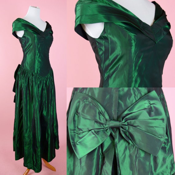Vintage Emerald Green 80s Prom Evening Gown // 1980s Party