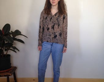 sheer tan and black patterned blouse (m/l)