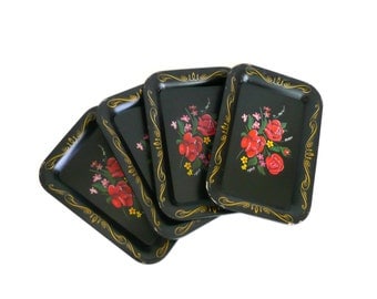 Vintage Black Mini Metal Floral Trays--Set of 4