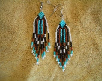 Turquoise & black beaded earrings. Native American Hand Made. Fringed. Delica Beads. Brick Stitch. Southwest design. First Nation. ndn.