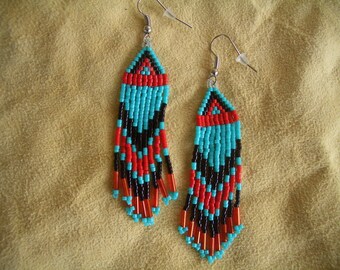 Native American Beaded Earrings, Authentic, Fringed, Delica Beads, Brick Stitch, Hand Made, Southwest, Traditional Design, First Nation, ndn