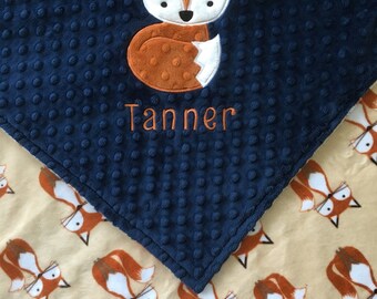 Fox Baby Blanket, Fox Minky Baby Blanket, Navy Fox Minky Blanket, Double Minky Blanket, Personalized Blanket