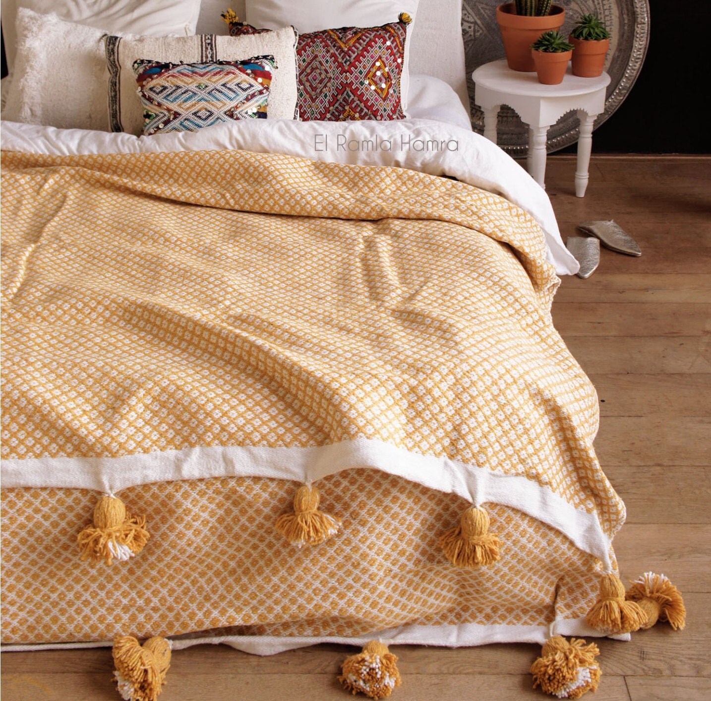 Ochre Yellow XL Moroccan cotton blanket with pom by ElRamlaHamra