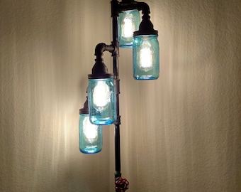 Pipe Floor Lamp 4-fixture DOES NOT Include Bulbs Living Room Steampunk Vintage Blue Mason Jar