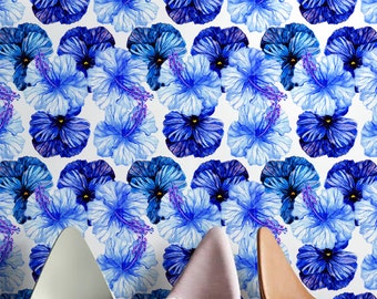 BLUE PETUNIA pattern temporary wallpaper, Blue floral wallpaper, Large flower wall mural, 241