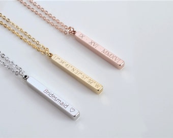 Delicate 4 Sided Vertical Bar Necklace, Personalized Gift, Personalized Jewelry, Bridesmaid Gift, Christmas Gift, Gift for Mom, Rose gold