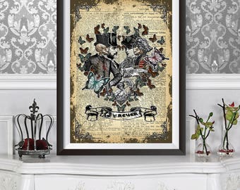 Victorian Anatomical Lovers, Unique Poster with Dictionary background celebrating Love words, Anniversary Wedding Gift