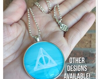 Hand painted Harry Potter necklace, Harry Potter symbol, hand painted glass pendant, glass bubble necklace, friend gift