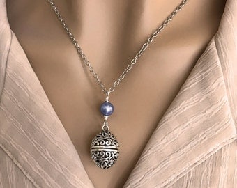 Magic Music Box Oval Cage Locket with Lava Stone Bead for Essential Oils. Harmony Chime Ball Separate. Hangs from Pearl You Choose Color