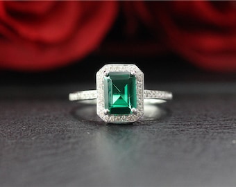 Unique Wedding Ring Emerald Ring Solid 14K White Gold 6x8mm Emerald Cut Emerald Engagement Ring/Promise Ring/Anniversary Ring/Vintage Ring