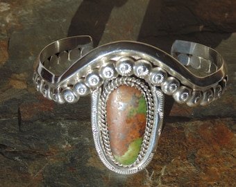 Victor Hicks ~ Navajo Heavy Sterling Silver and Stone Cuff Bracelet - 43 Grams