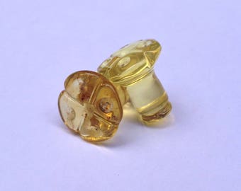 Carved Amber Flower Mayan Flare 0g Plugs, Flower Carved Natural Stone Plugs, Single Flare Flower Carving Plugs, Custom Amber Plugs