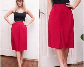 80s Red Secretary Pencil Skirt High Waisted Straight Knee Length Smart Bright Summer Office Skirt Medium W29 W30 Long Double Slit Skirt M