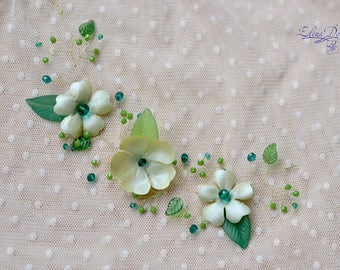 Green hair vine Emerald crystal hair back head piece Floral green vine leaves head wreath Emerald wedding piece back crown