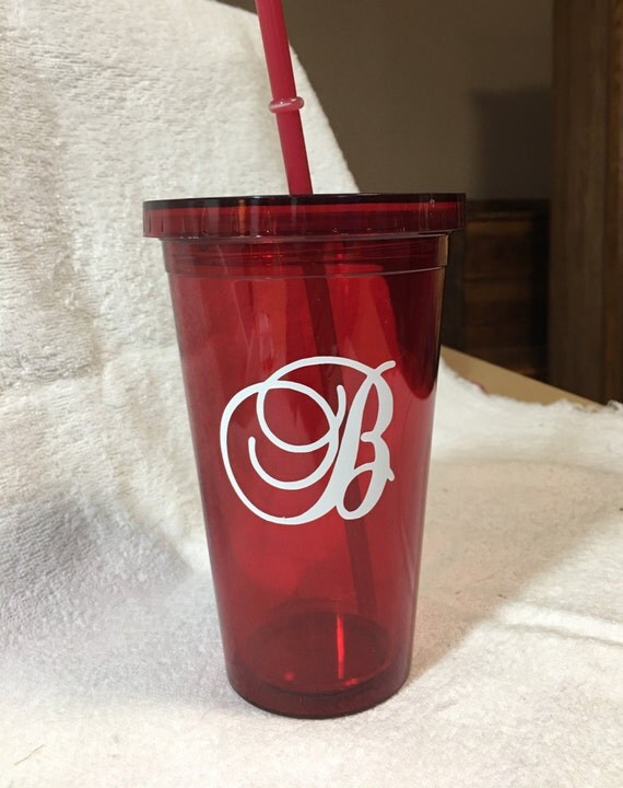 Items similar to Monogrammed plastic reusable cups with lids and straws