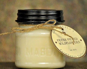 Fresh Picked Wildflowers - Soy Candle - Wanderlust Scents - Grandma Bea's Farmhouse Collection - 8oz Mason Jar Gift - Natural Cotton Wick