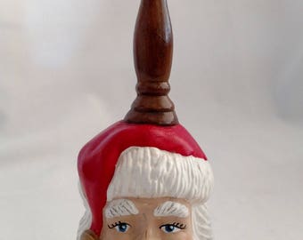 Vintage Ceramic Santa Bell - Santa Bell with Wood Handle - Santa Christmas Decor - Santa Head Bell