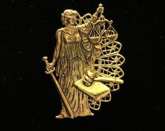 Attorney Pin Brooch Lawyer 24 Karat Gold Plate Councilor Lady Justice Scales Gavel PG138B