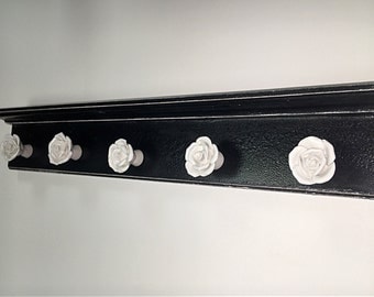 black and white wall art/necklace hanger/white rose wall decor/jewelry hanger/wall jewelry organizer/french country decor/white roses