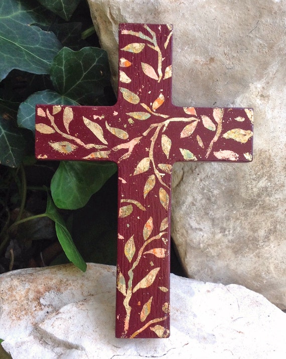 Colorful Burgundy Wall Cross with Metallic Leaves Red wall