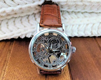 Mens leather band watch, steampunk watch, mens mechanical watch, gear watch, skeleton watch, watch movement, best man gift, boyfriend gift