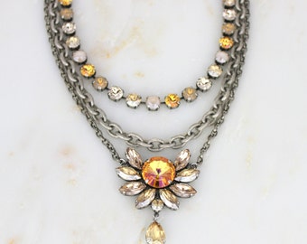 Bridal Necklace, Crystal necklace, Wedding jewelry, Statement necklace, Layered necklace, Champagne crystal necklace, Choker necklace