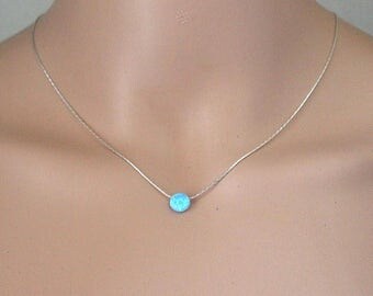 Coin Opal Necklace, Disc necklace, Sterling Silver, Opal Blue Coin Necklace, Tiny Opal Necklace, Ball Necklace, Delicate Opal Necklace