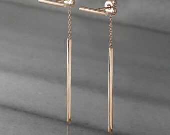 Gold Bar Earrings, Gold Chain Earrings, 14k Gold Earrings, Yellow Gold, Gift For Her, Double Sided Earrings, Long Gold Earrings, Gold Bar