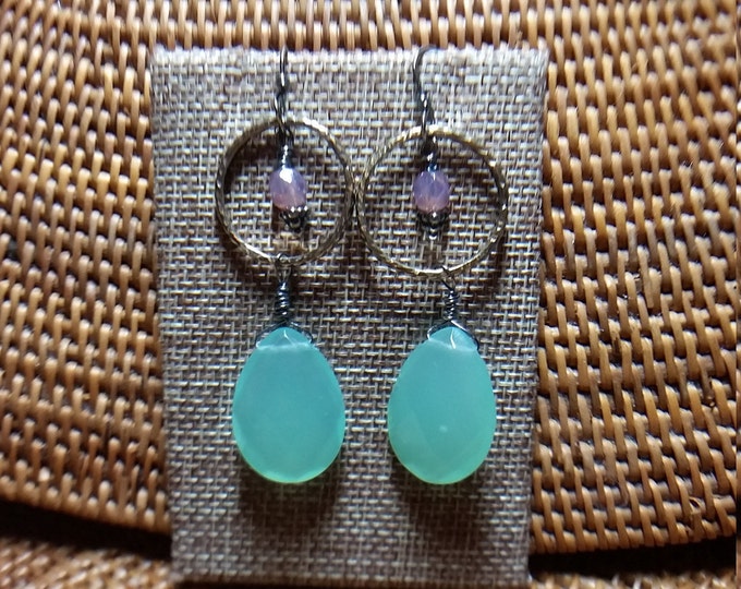 Earrings Featuring Gold Hoops Complimented by a Large Green Chalcedony Drop and a Pink Bead