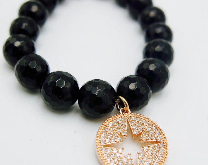 Black Onyx beaded stretch bracelet with crystal rhinestones rose gold starburst dangle charm. Gift for her!