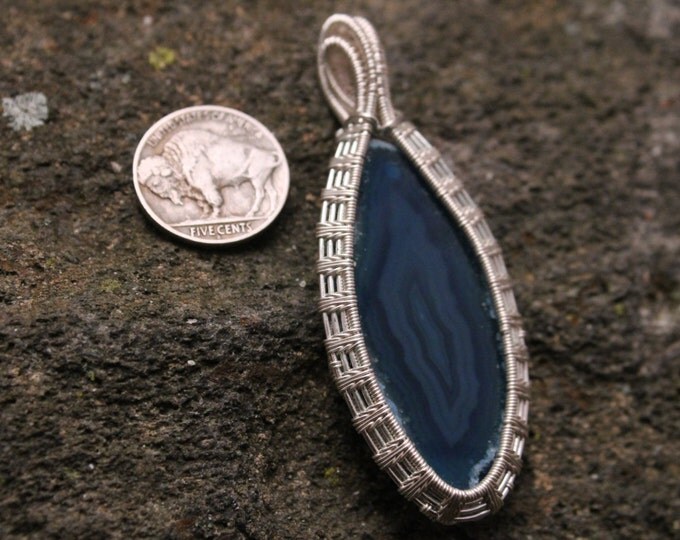 Blue Banded Agate Slice Pendant w/ Silver Wire Weave Wrap, Fancy Statement Necklace Large Stone Slab OOAK Jewelry One of a Kind Gift for Her