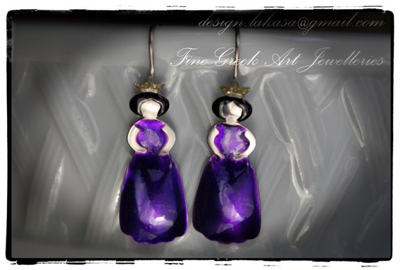 Enamel Princess Earrings Sterling Silver white Gold plated Handmade Jewelry Fine Greek Art Quality Best gift ideas her Woman Girlfriend Moda