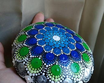 Large Hand-painted Mandala Stone (Blue + Green + Silver)
