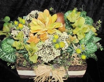 Silk and Dried Floral Centerpiece in Basket,Table top Artificial Arrangement Earth tones FREE SHIPPING