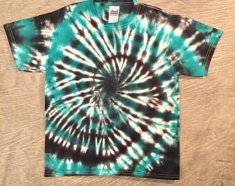 Kids Tie-Dye Shirt / Youth Medium / All Cotton / Green Spiral T Shirt / Teal Green and Black / Tye Dye T-Shirt / Spiral Tie Dye / G021740